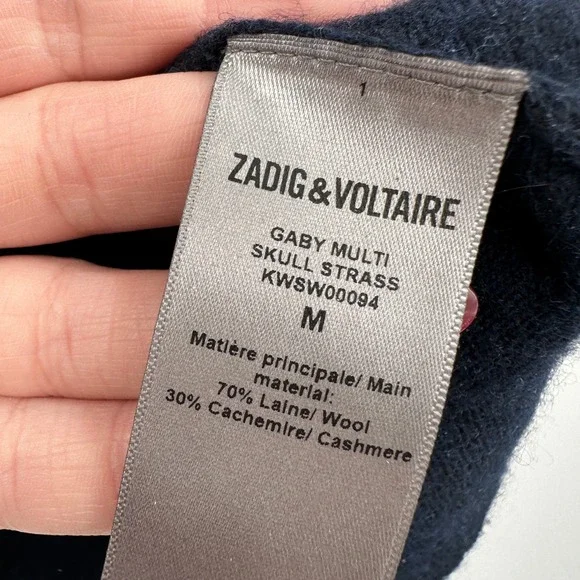 Zadig & Voltaire Gaby Multi Skull Strass Navy Wool Cashmere Sweater Medium Goth - Picture 5 of 10